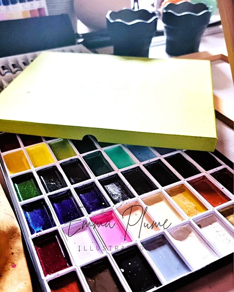 Vue d’ensemble de la palette Kuretake Gansai Tambi ouverte, aquarelle japonaise aux pigments intenses.