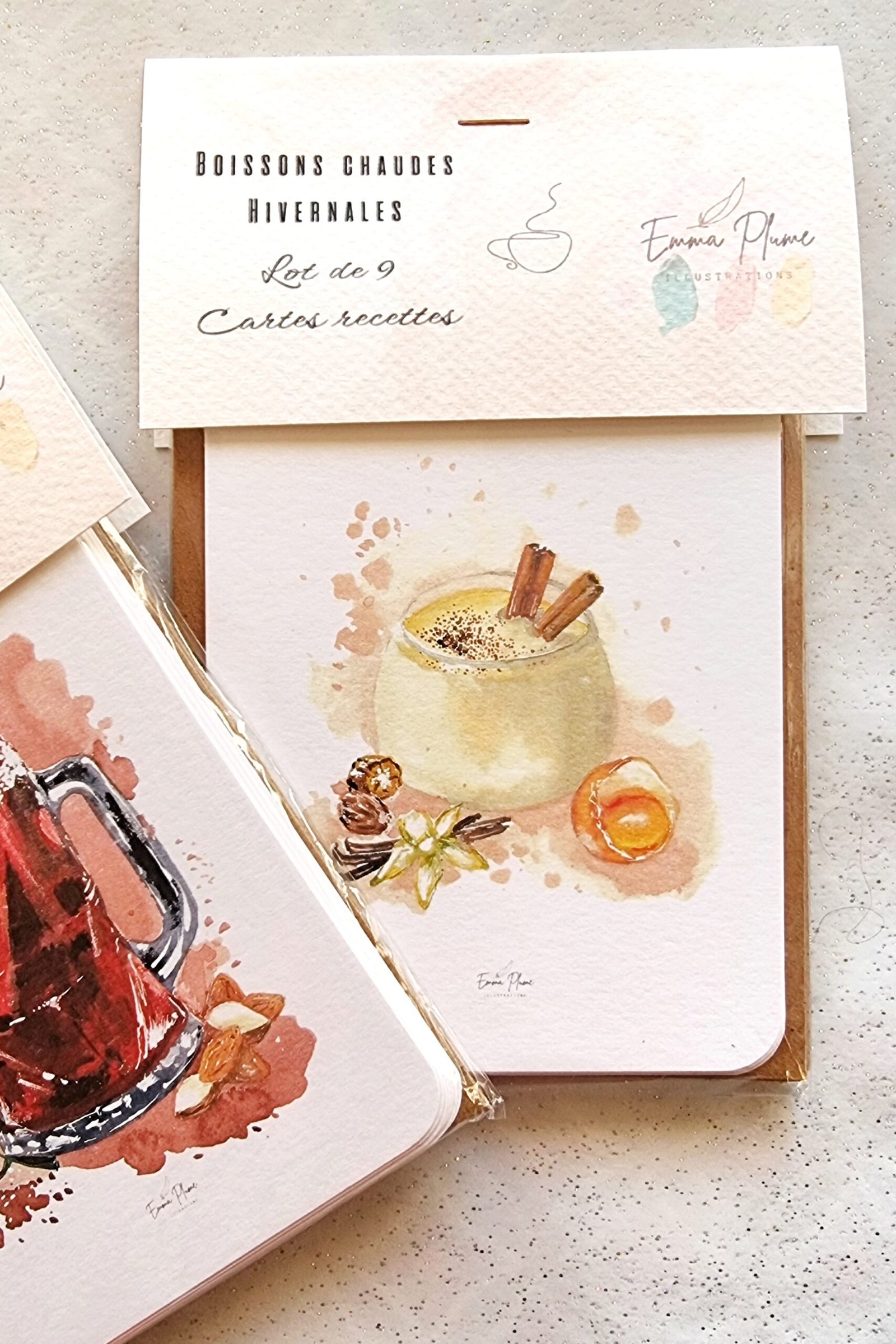 Lot de 9 cartes recettes de boissons chaudes. Packaging. Illustration à l'aquarelle-Emma Plume Illustrations