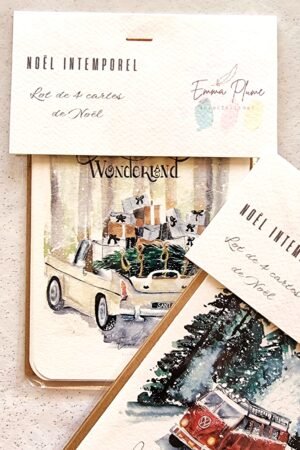 Lot de 4 cartes de Noël. Packaging. Illustration à l'aquarelle-Emma Plume Illustrations