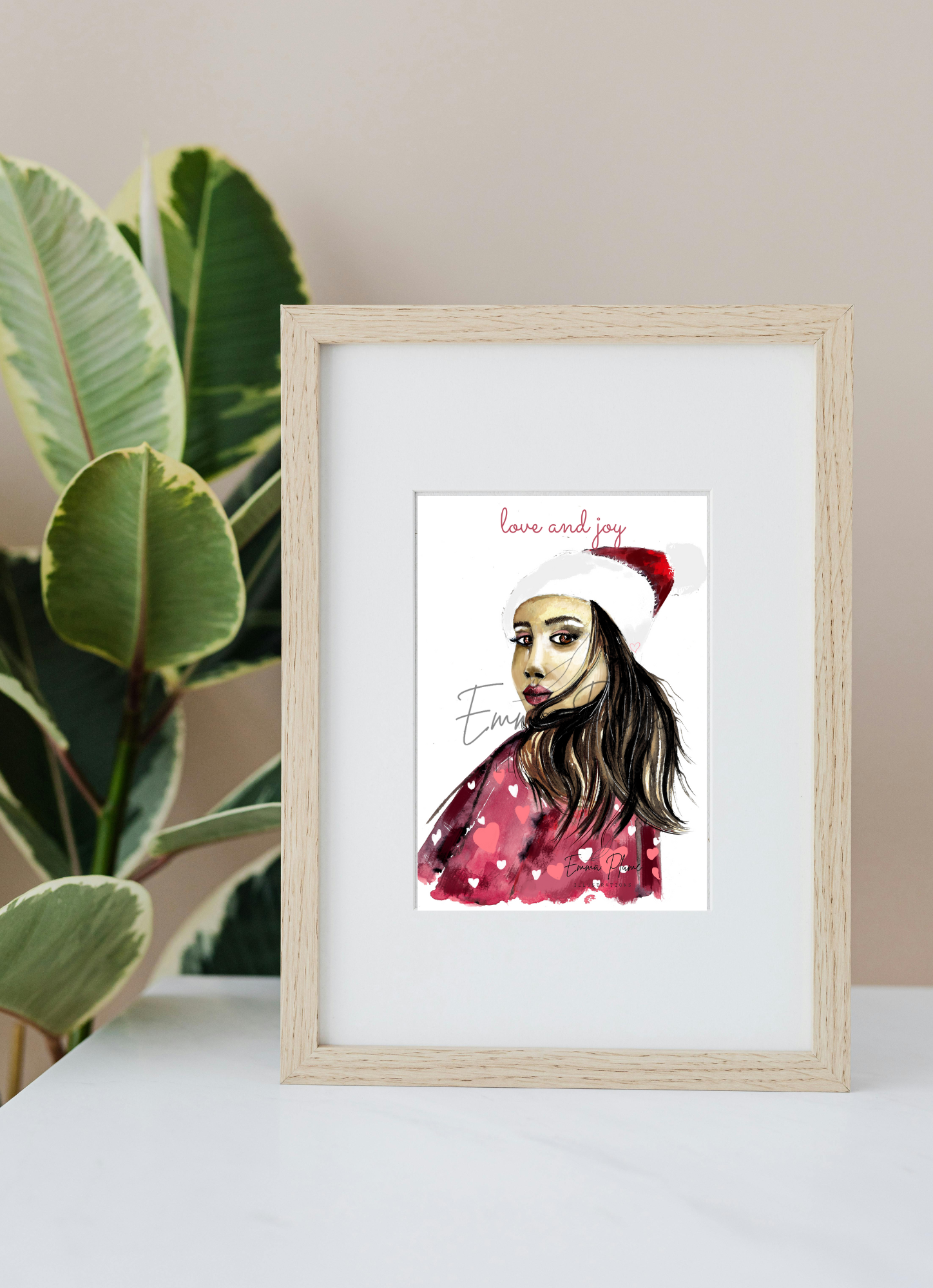 Carte illustrée de Noël : Noël intemporel La fille du Père-Noël sous cadre. Illustration à l'aquarelle-Emma Plume Illustrations