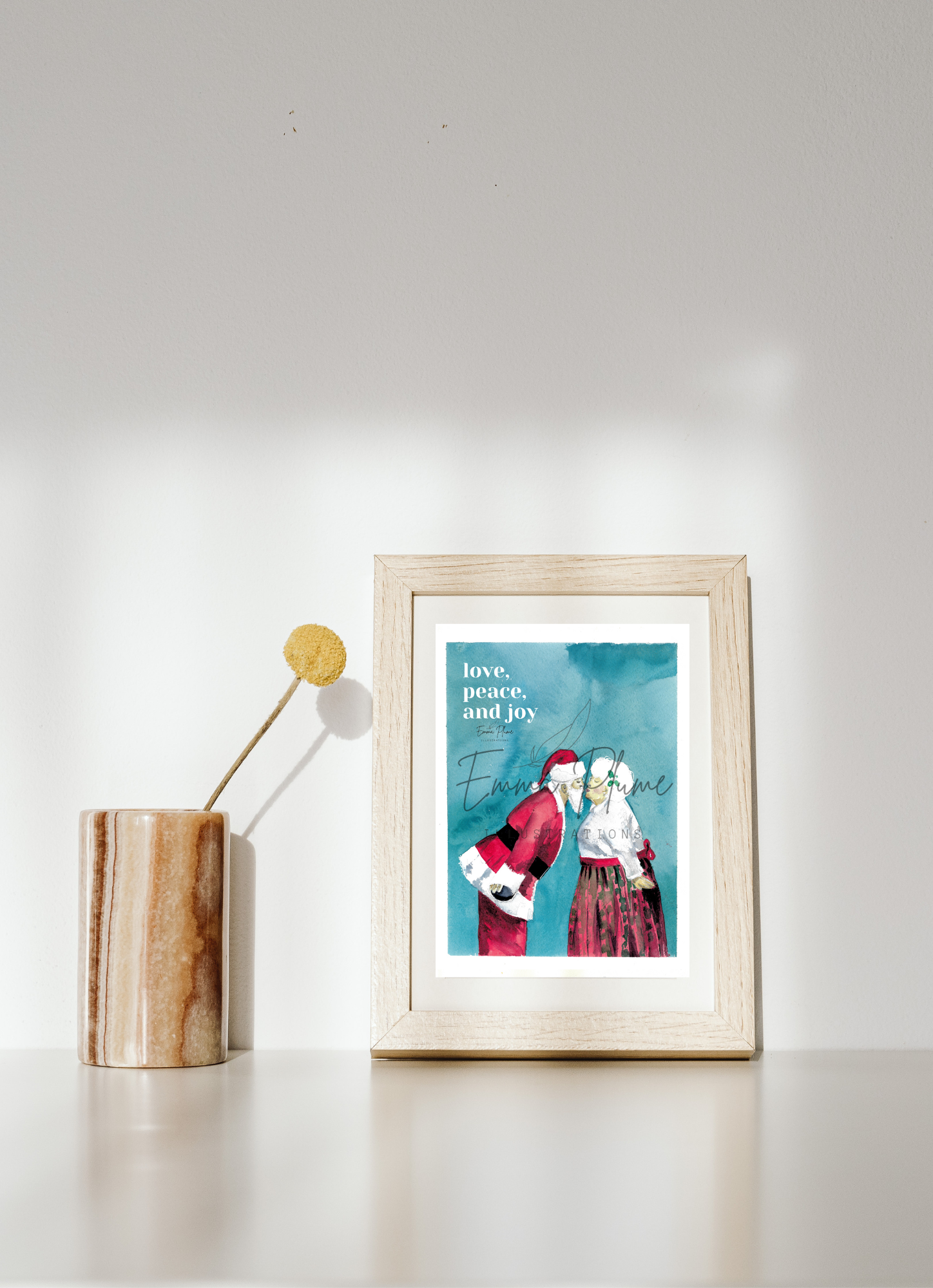 Carte illustrée de Noël : Noël intemporel Mr and Mrs Santa sous cadre. Illustration à l'aquarelle-Emma Plume Illustrations