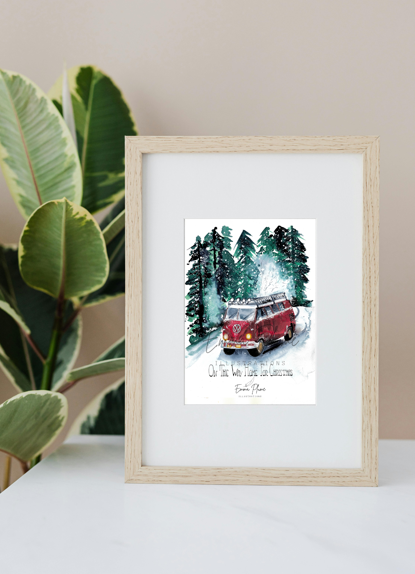 Carte illustrée de Noël : Noël intemporel van life sous cadre. Illustration à l'aquarelle-Emma Plume Illustrations