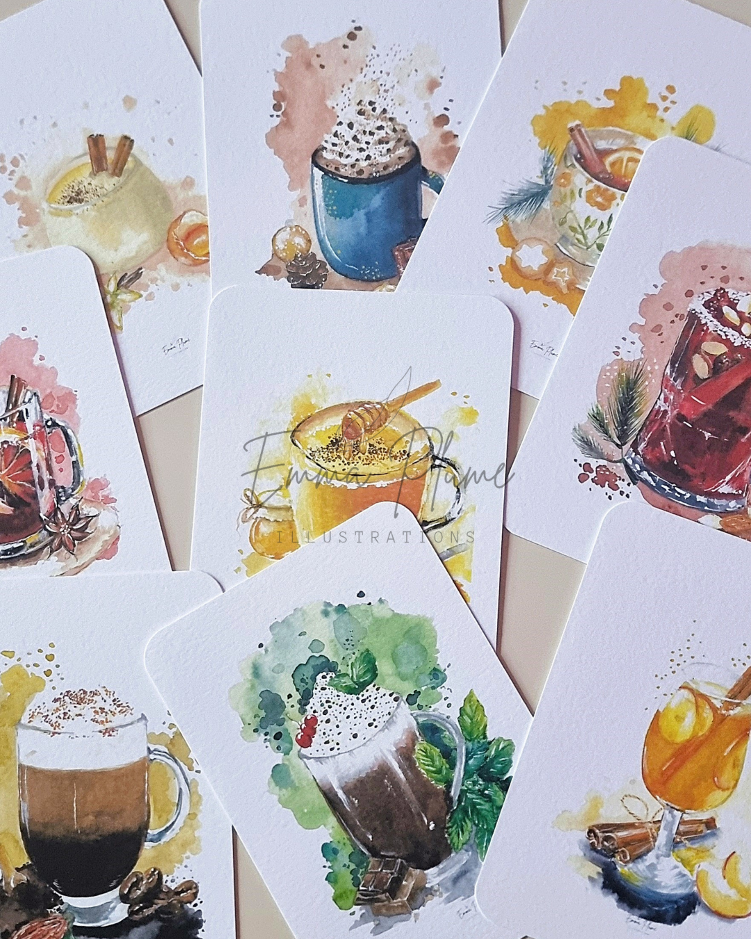 Lot de 9 cartes recettes de boissons chaudes. Vue d'ensemble. Illustration à l'aquarelle-Emma Plume Illustrations