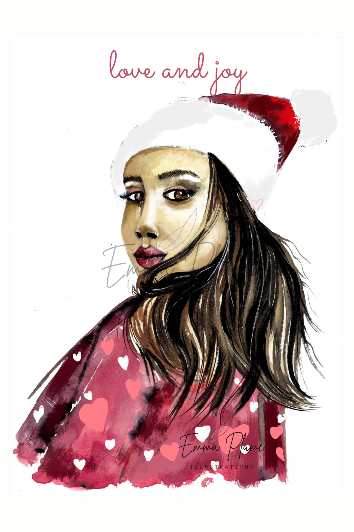 Carte illustrée de Noël : Noël intemporel La fille du Père-Noël vue rapprochée. Illustration à l'aquarelle-Emma Plume Illustrations