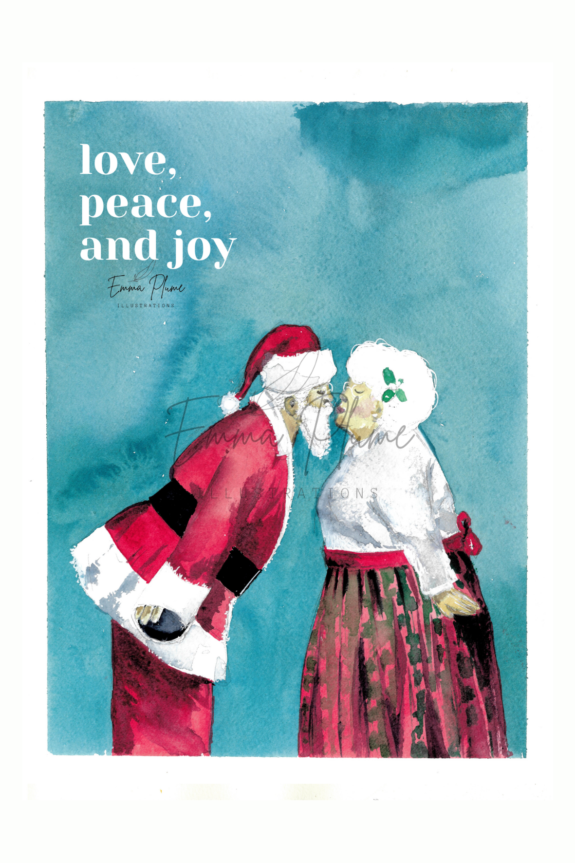 Carte illustrée de Noël : Noël intemporel Mr and Mrs Santa. Vue rapprochée. Illustration à l'aquarelle-Emma Plume Illustrations