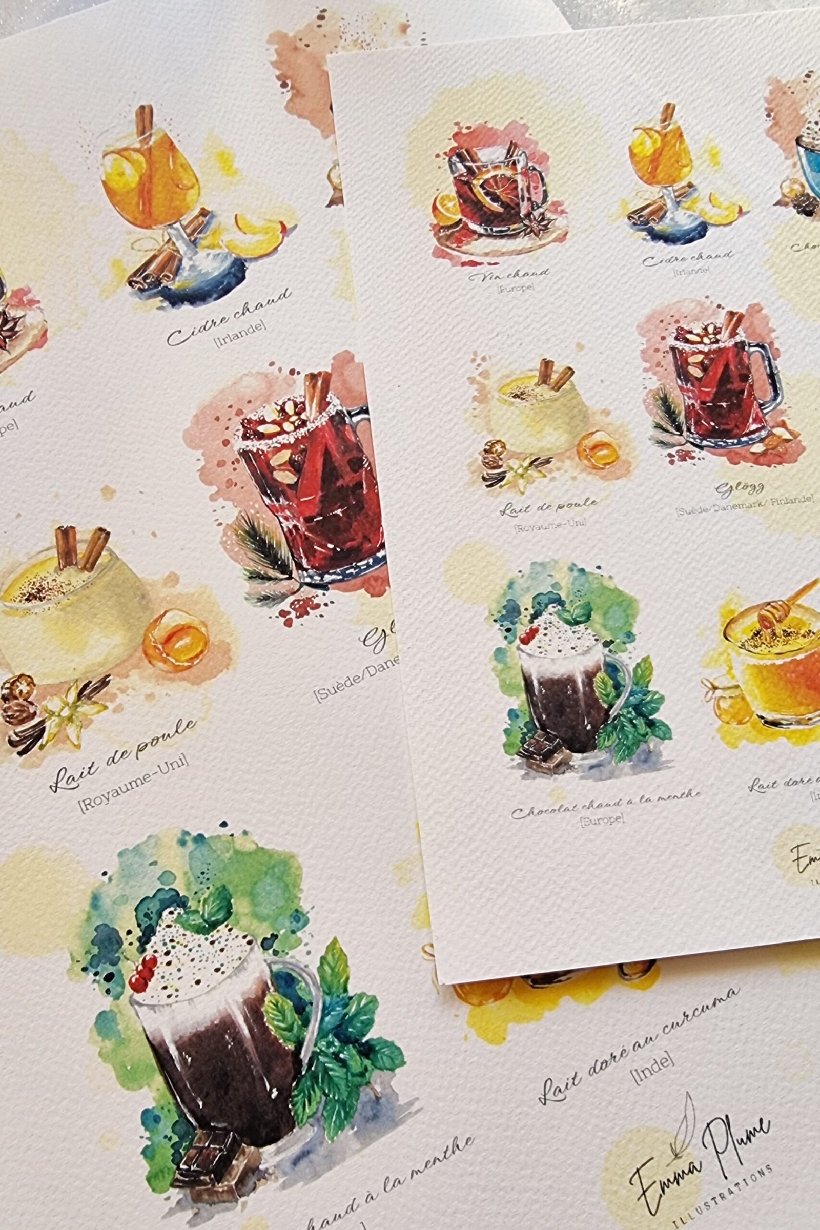 Affiche boissons chaudes aux formats A4 et A3. Illustrations réalisées par Emma Plume Illustrations