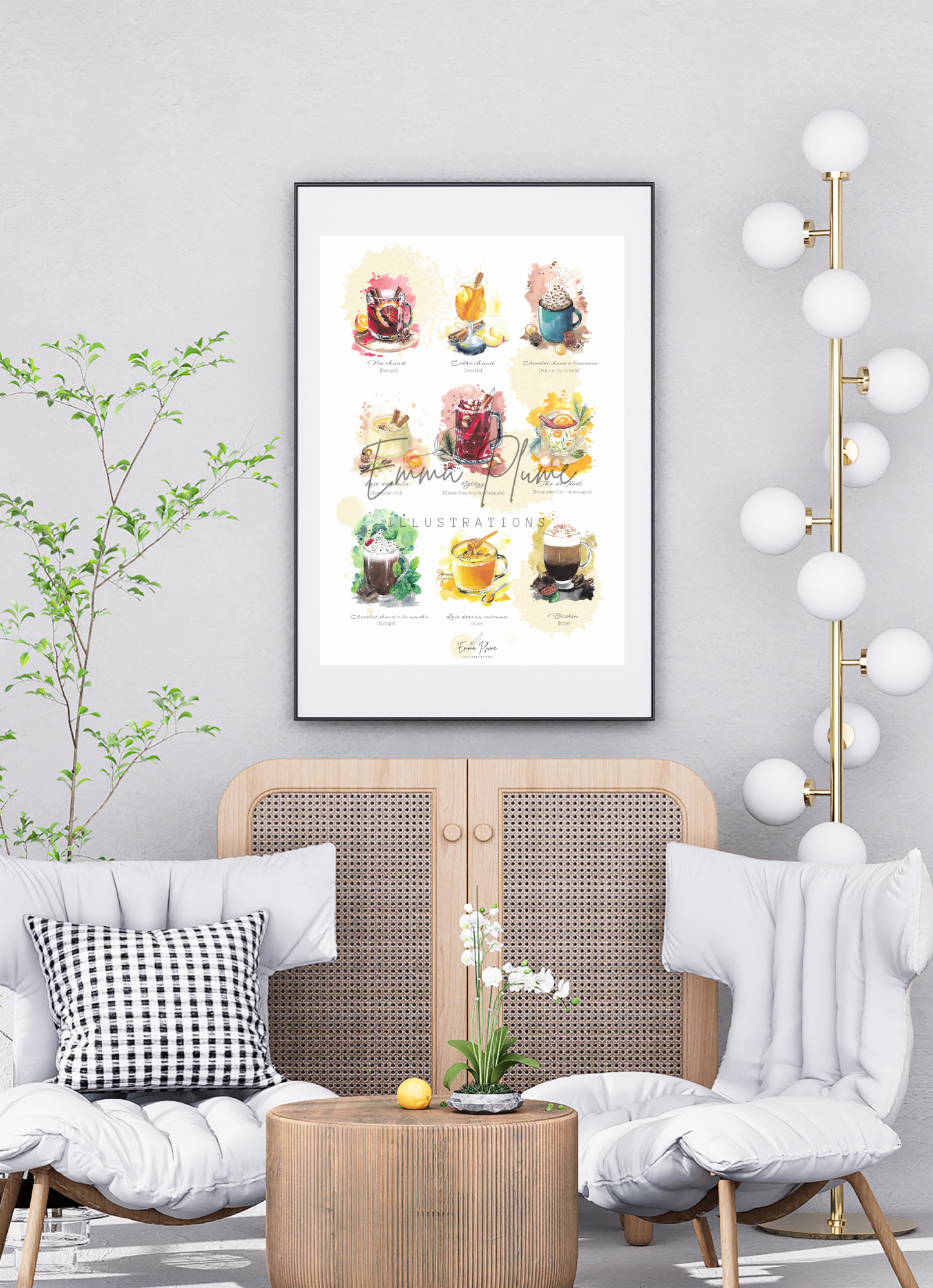 Affiche des 9 boissons chaudes hivernales sous cadre. Illustration à l'aquarelle-Emma Plume Illustrations