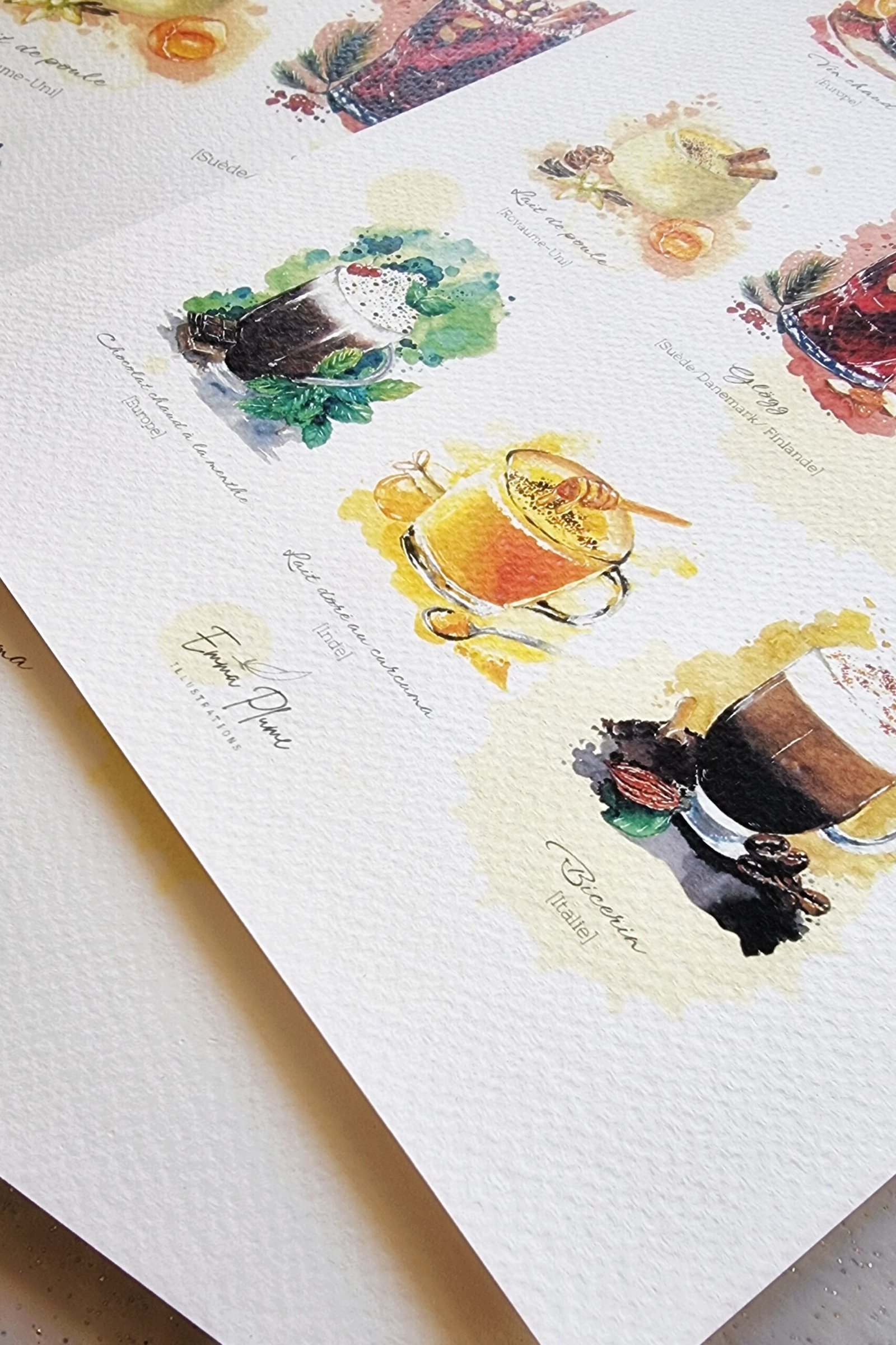 Affiche boissons chaudes aux formats A4 et A3 - détail papier texturé. Illustrations réalisées par Emma Plume Illustrations