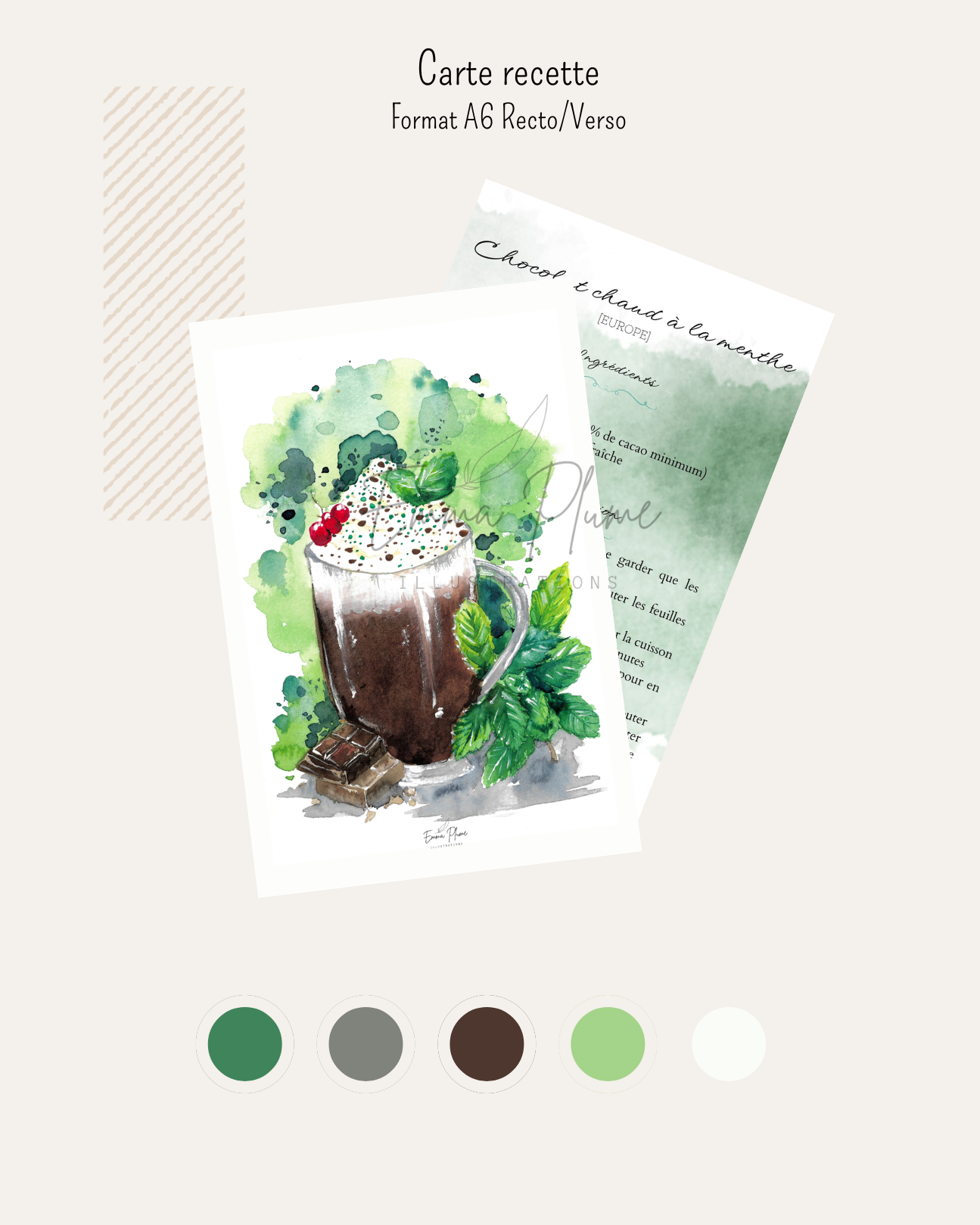 Illustration carte recette chocolat chaud à la menthe recto/verso-Emma plume illustrations