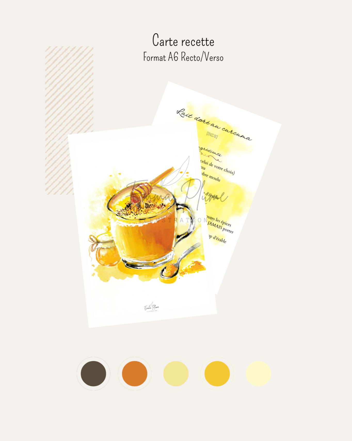 Illustration carte recette lait doré au curcuma recto/verso-Emma plume illustrations