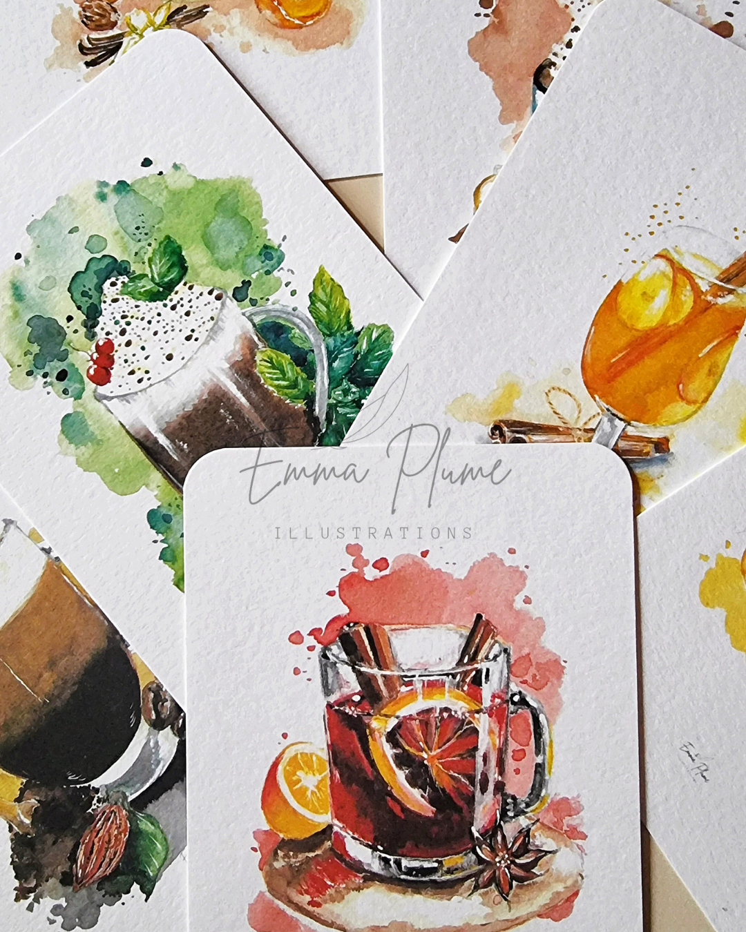 Lot de 9 cartes recettes de boissons chaudes. Vue rapprochée. Illustration à l'aquarelle-Emma Plume Illustrations