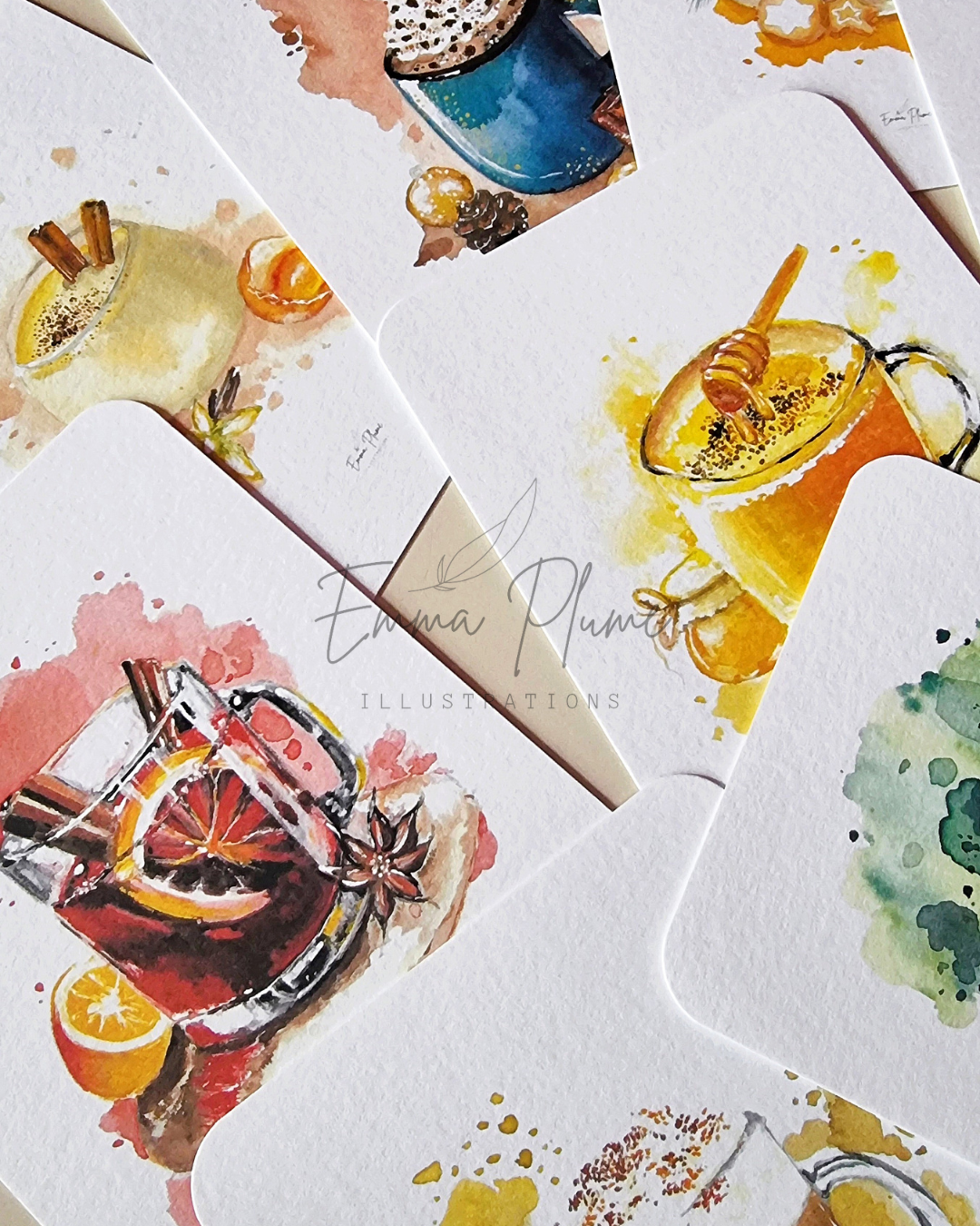 Lot de 9 cartes recettes de boissons chaudes. Vue rapprochée 2. Illustration à l'aquarelle-Emma Plume Illustrations