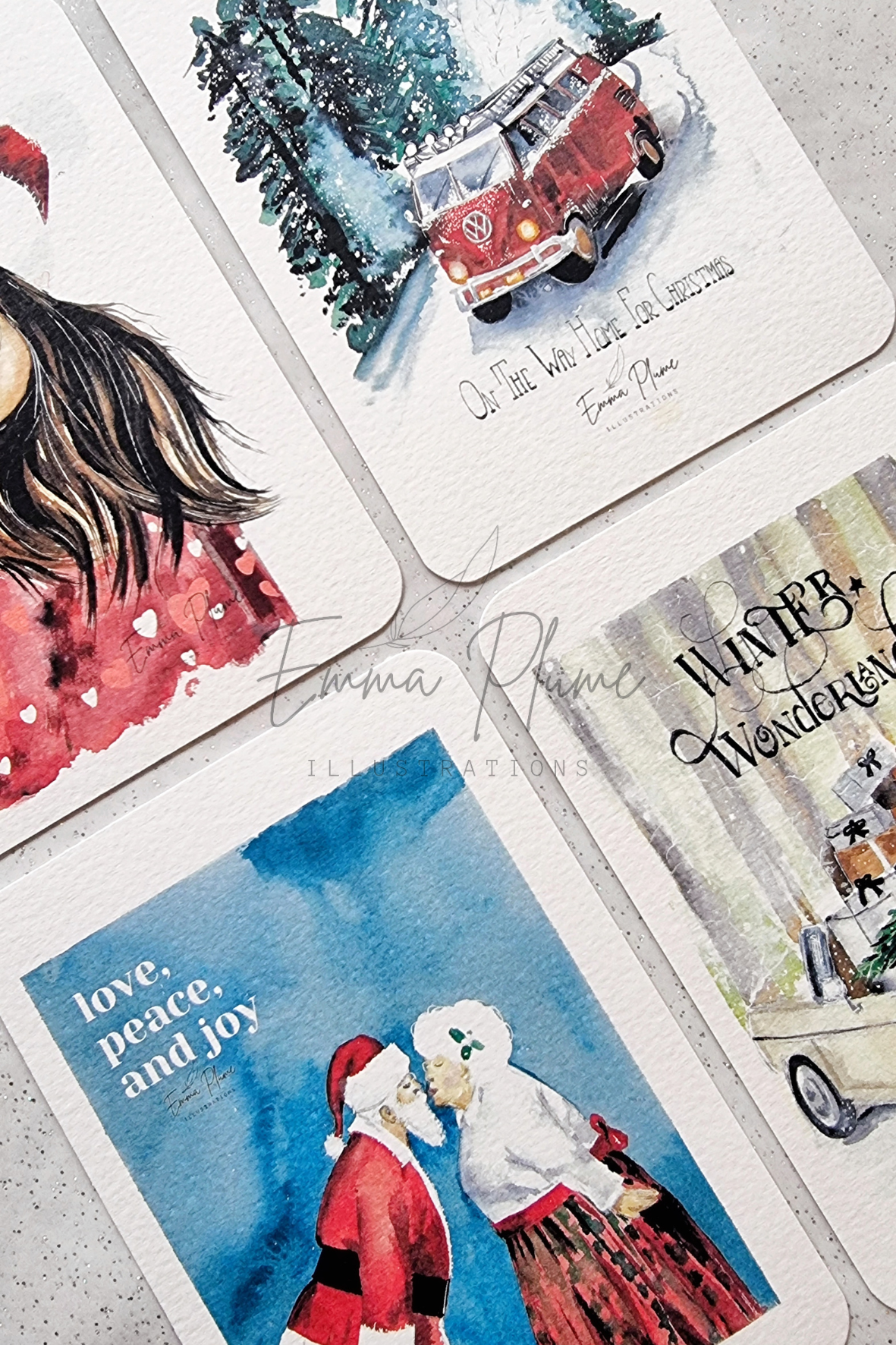 Lot de 4 cartes de Noël. Couverture. Illustration à l'aquarelle-Emma Plume Illustrations