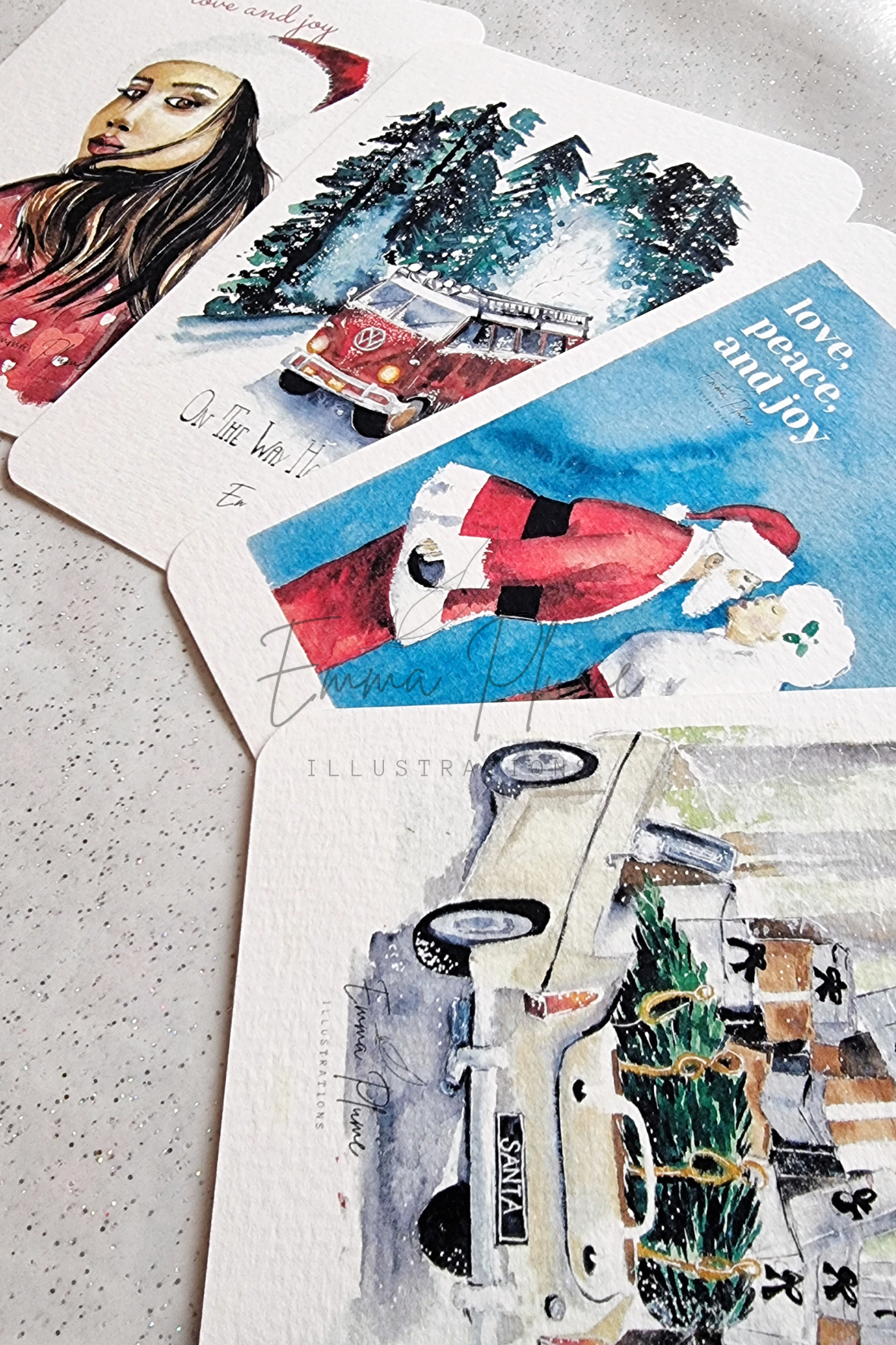 Lot de 4 cartes de Noël. Gros plan. Illustration à l'aquarelle-Emma Plume Illustrations