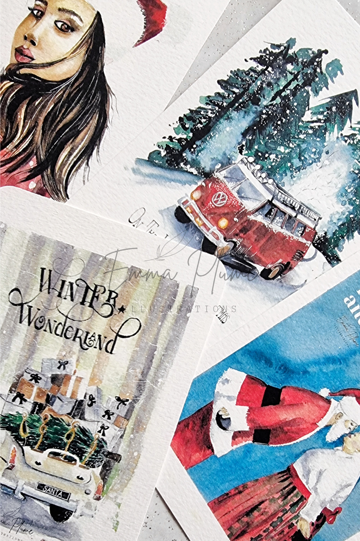 Lot de 4 cartes de Noël. Vue d'ensemble. Illustration à l'aquarelle-Emma Plume Illustrations