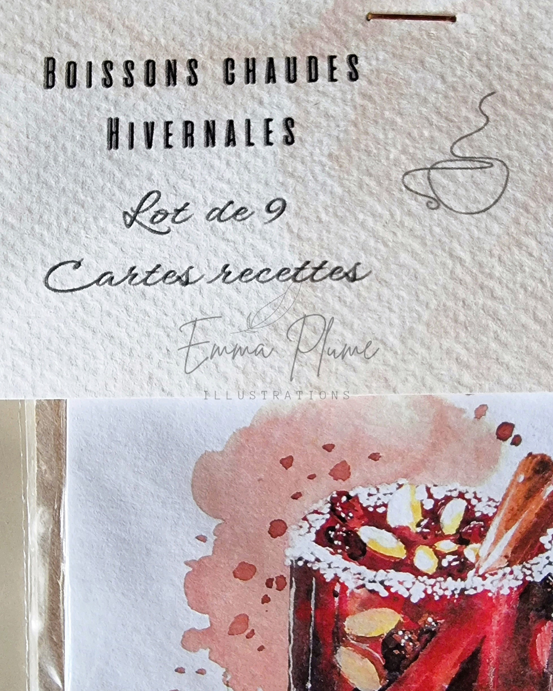 Lot de 9 cartes recettes de boissons chaudes. Gros plan packaging. Illustration à l'aquarelle-Emma Plume Illustrations