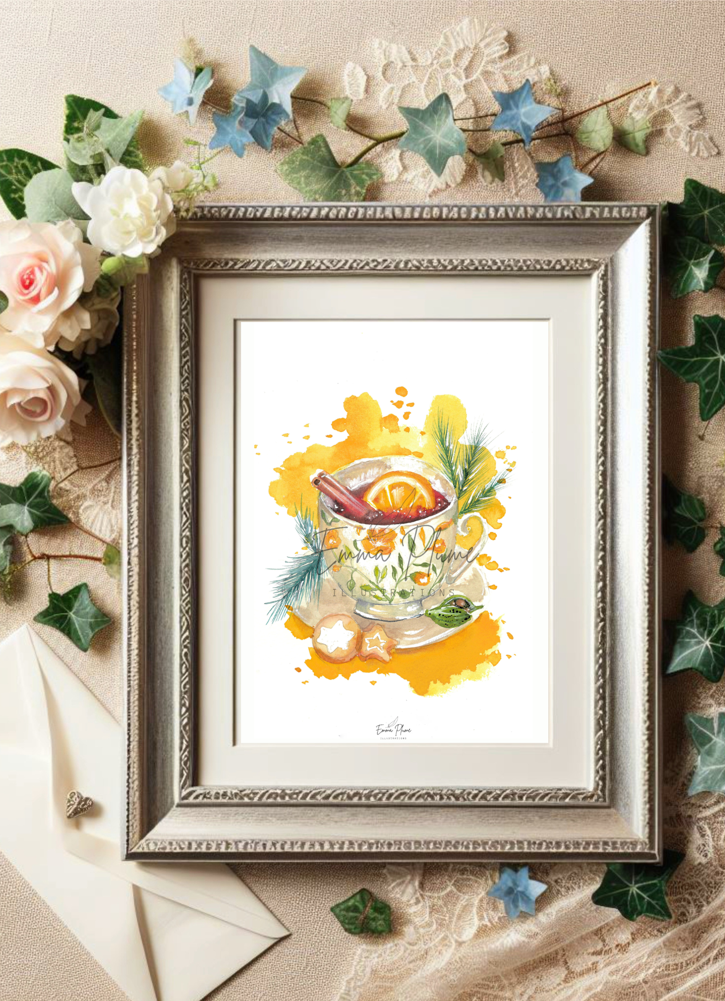 Illustration carte recette thé de Noël sous cadre-Emma plume illustrations