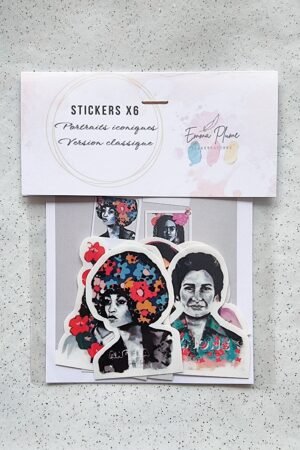 Packaging recto du lot de 6 stickers des portraits iconiques version classique réalisés par Emma Plume Illustrations