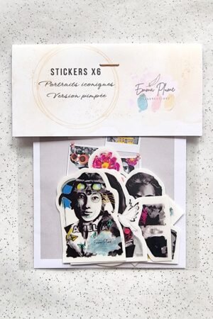 Packaging recto du lot de 6 stickers des portraits iconiques version pimpée réalisés par Emma Plume Illustrations
